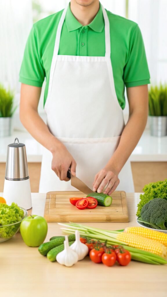 man in apron cutting vegetables in the kitchen